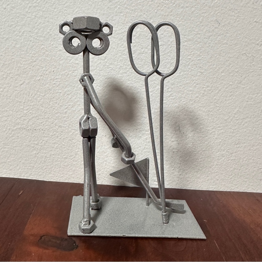 Golfer Silver Nuts Bolts Metal Art Card Holder Hand Crafted 6” VTG Father’s Day